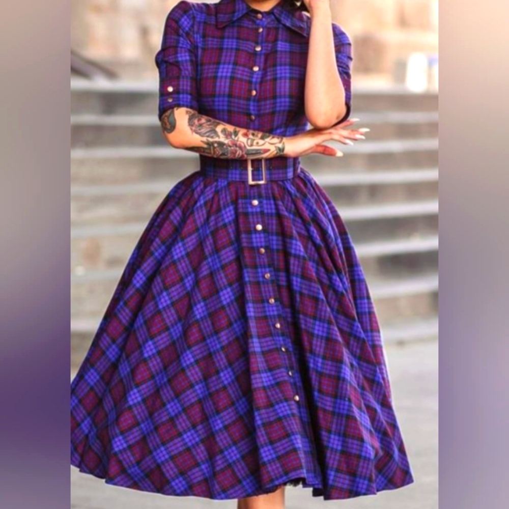 NWT  BRITISH RETRO Way out west Iris Mulberry Tartan 50's  dres size 14